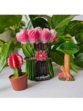 pink tulip fairy home house cactus easter spring decor cute resin garden sign